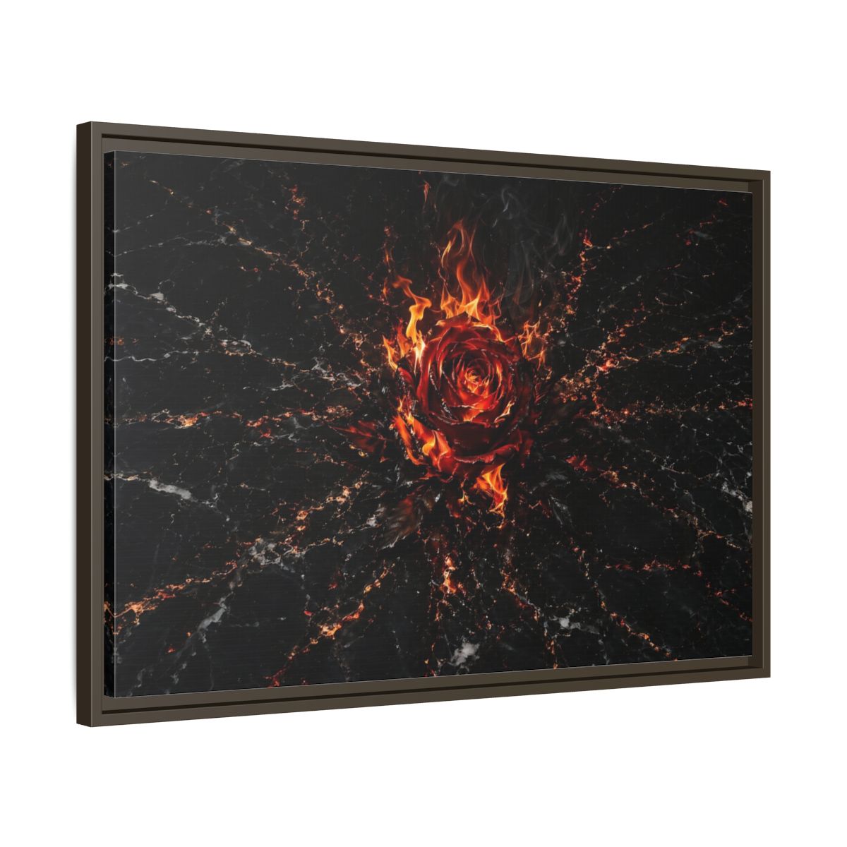 Side Mockup 11. Abstract Burning Rose Red And Black Rose shown as stretched canvas wall art