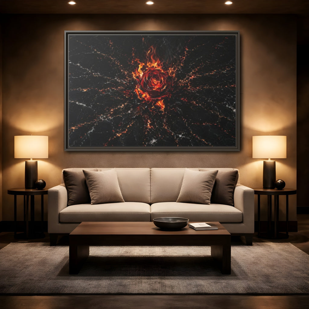 Mockup 2. Abstract Burning Rose Red And Black Rose shown as stretched canvas wall art