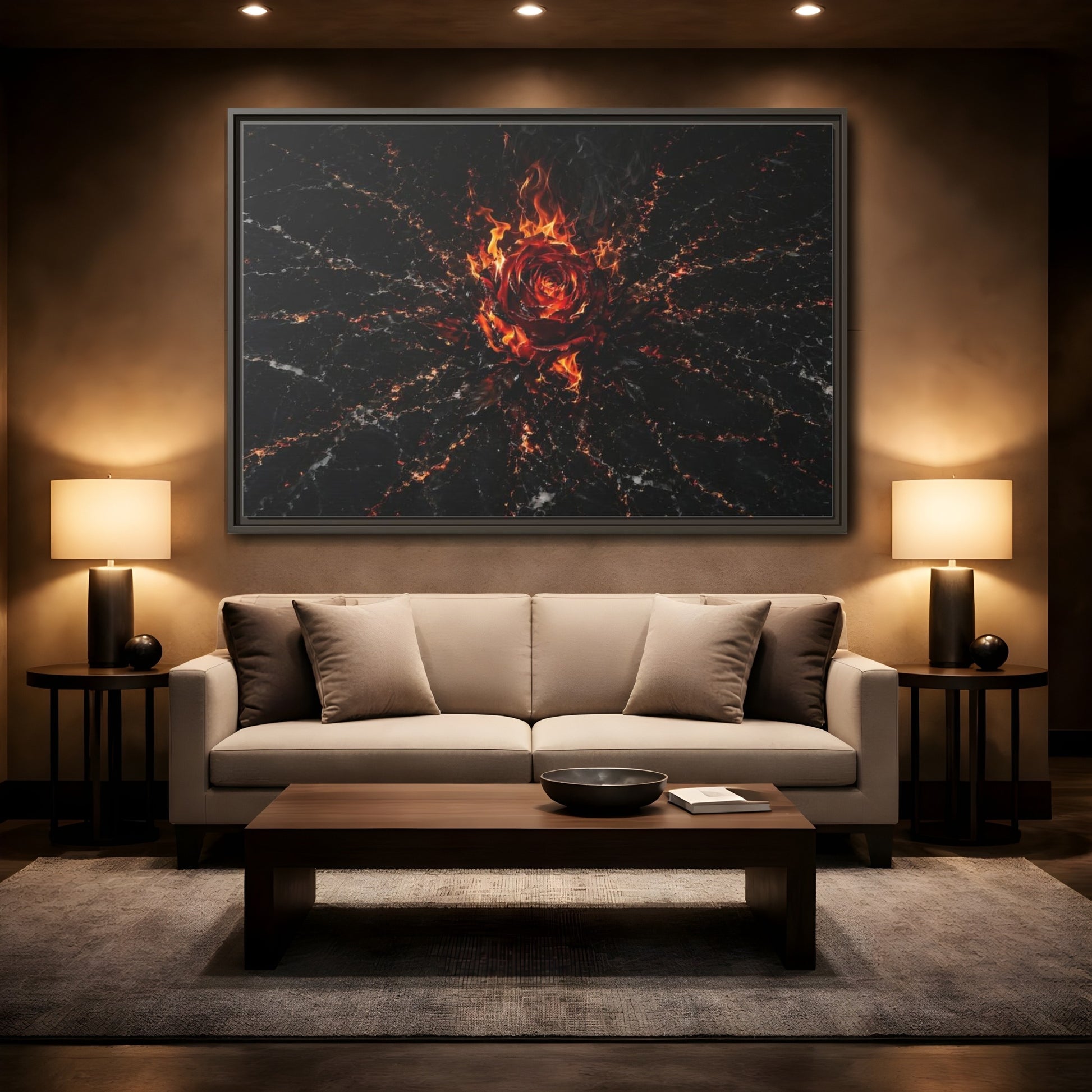Mockup 2. Abstract Burning Rose Red And Black Rose shown as stretched canvas wall art