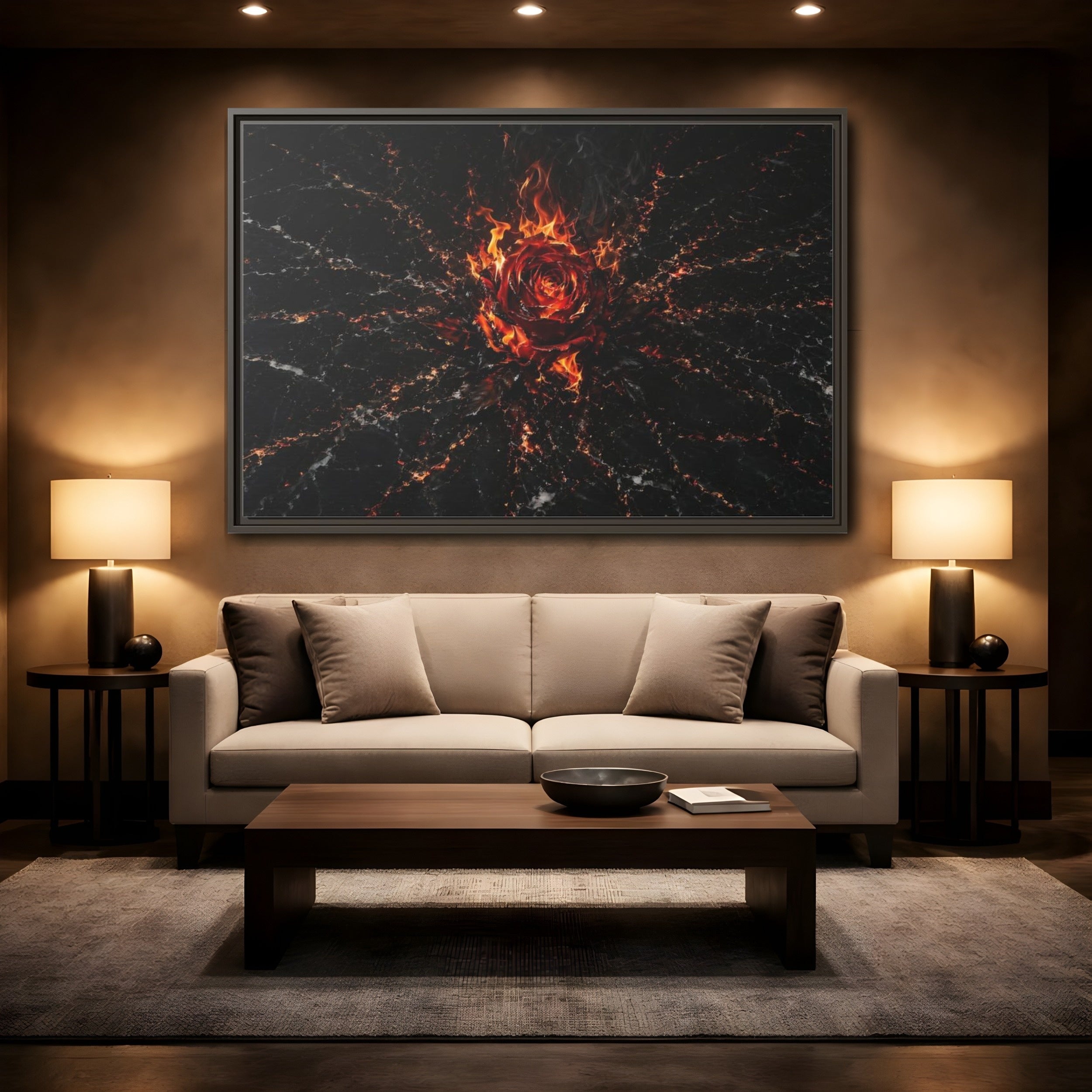 Mockup 2. Abstract Burning Rose Red And Black Rose shown as stretched canvas wall art