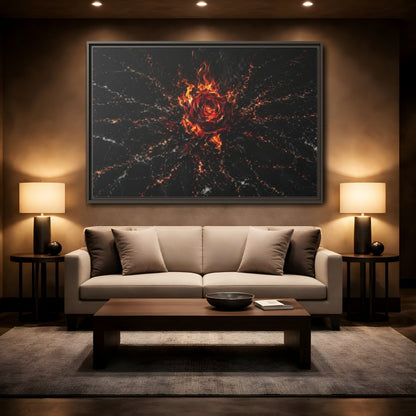 Mockup 2. Abstract Burning Rose Red And Black Rose shown as stretched canvas wall art