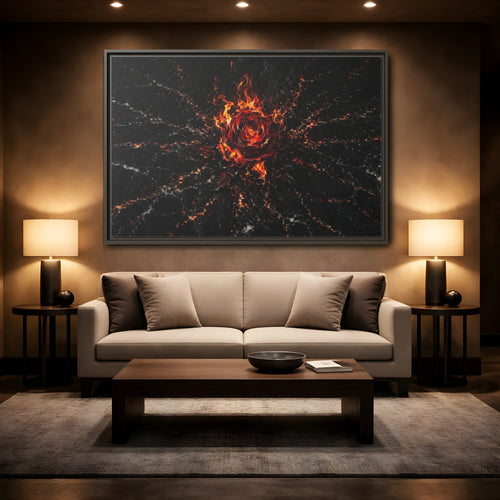 Mockup 2. Abstract Burning Rose Red And Black Rose shown as stretched canvas wall art