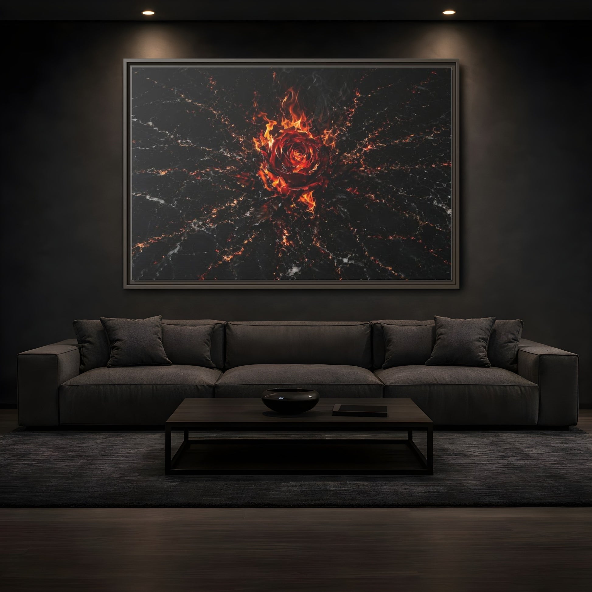 Mockup 3. Abstract Burning Rose Red And Black Rose shown as stretched canvas wall art