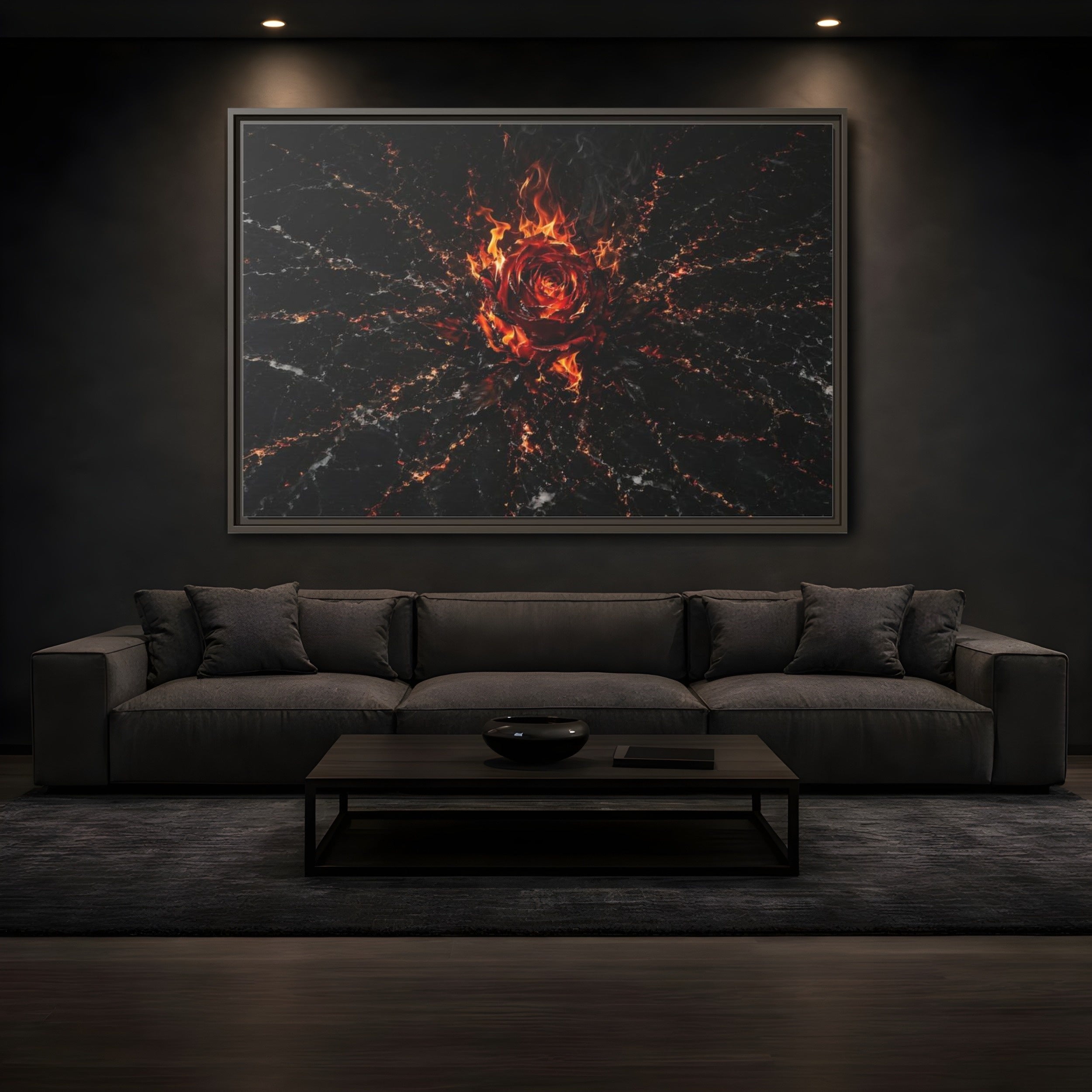 Mockup 3. Abstract Burning Rose Red And Black Rose shown as stretched canvas wall art