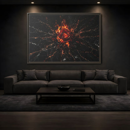 Mockup 3. Abstract Burning Rose Red And Black Rose shown as stretched canvas wall art