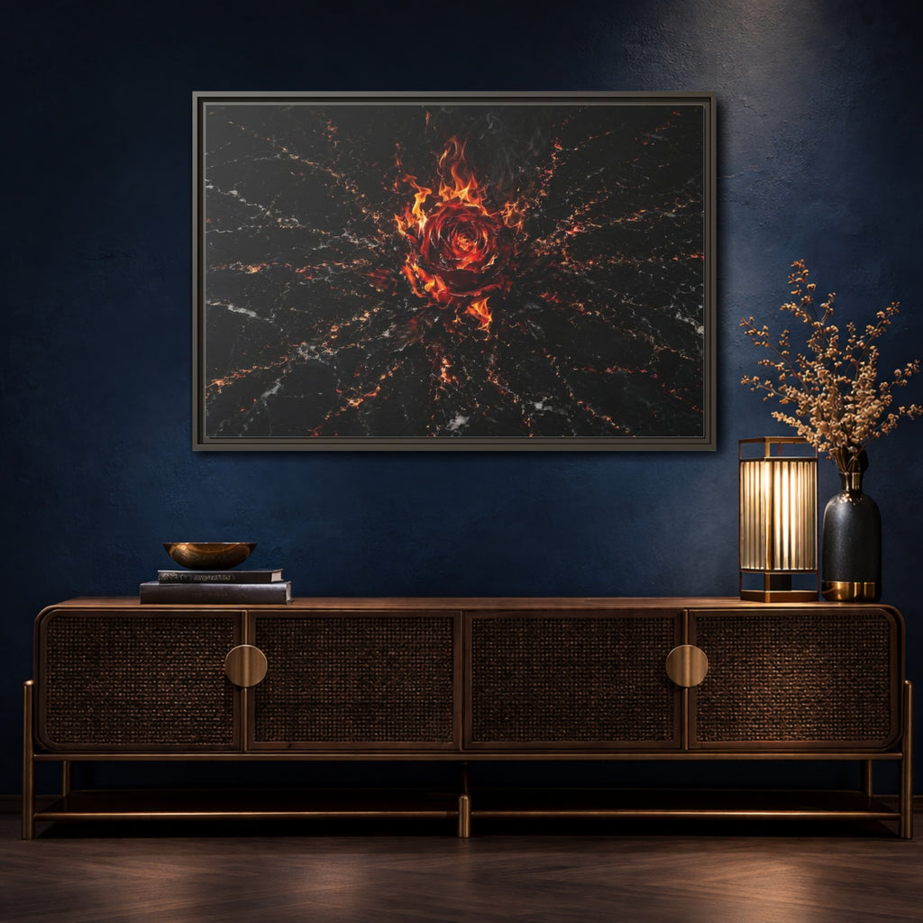 Mockup 4. Abstract Burning Rose Red And Black Rose shown as stretched canvas wall art