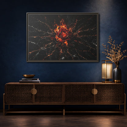 Mockup 4. Abstract Burning Rose Red And Black Rose shown as stretched canvas wall art