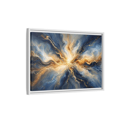 Side Mockup 1. Abstract Abstract Burst Blue And Gold shown as stretched canvas wall art
