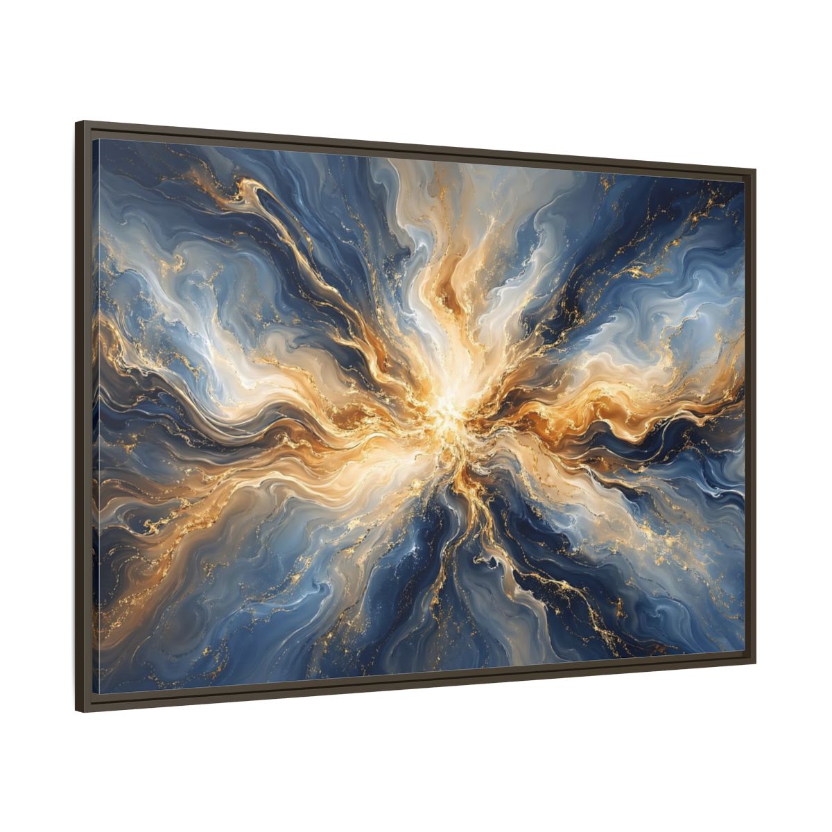 Side Mockup 8. Abstract Abstract Burst Blue And Gold shown as stretched canvas wall art