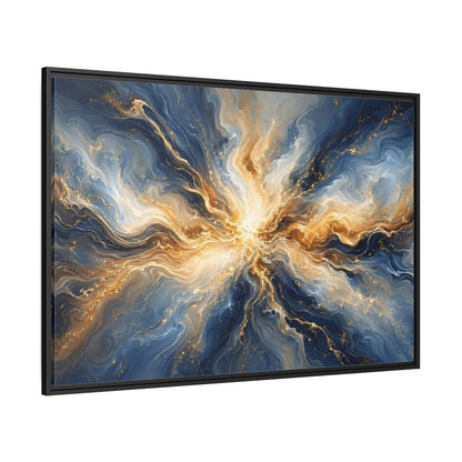 Side Mockup 12. Abstract Abstract Burst Blue And Gold shown as stretched canvas wall art