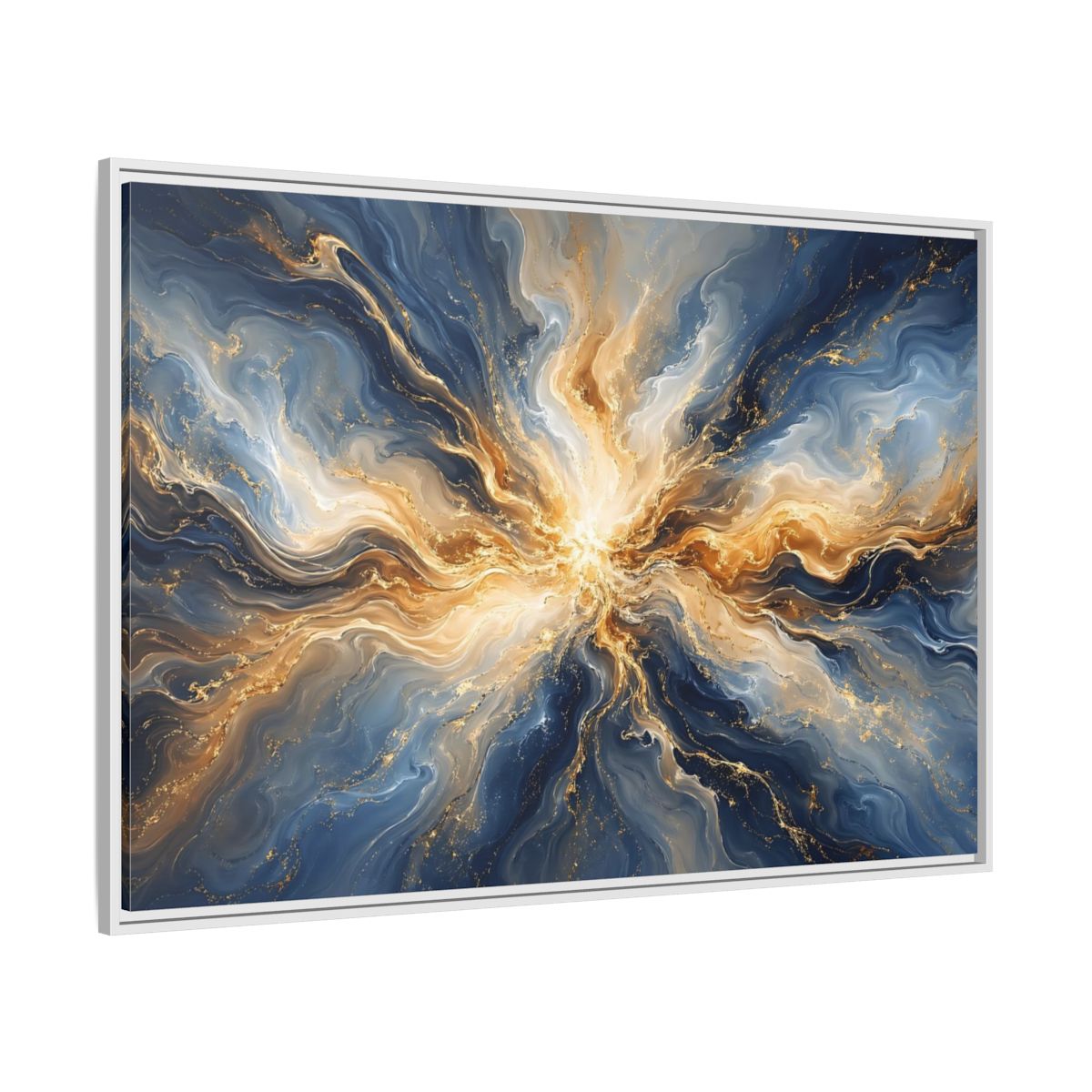 Side Mockup 7. Abstract Abstract Burst Blue And Gold shown as stretched canvas wall art