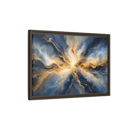Side Mockup 2. Abstract Abstract Burst Blue And Gold shown as stretched canvas wall art