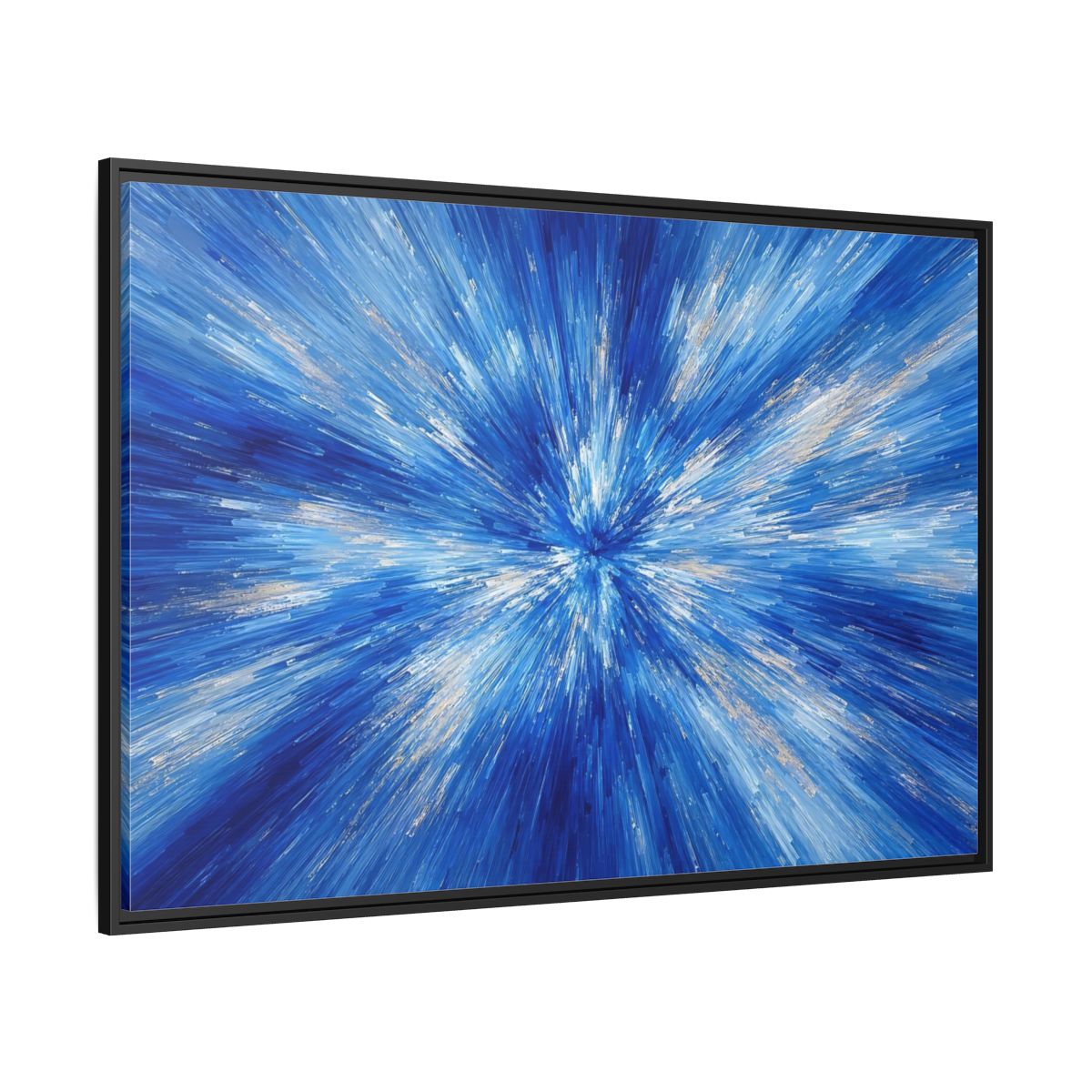 Side Mockup 12. Abstract Abstract Burst Blue And Gold shown as stretched canvas wall art