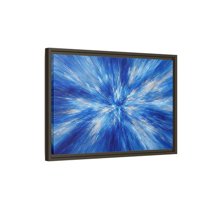 Side Mockup 2. Abstract Abstract Burst Blue And Gold shown as stretched canvas wall art