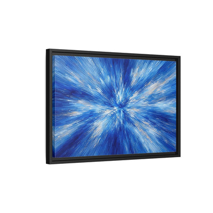 Side Mockup 3. Abstract Abstract Burst Blue And Gold shown as stretched canvas wall art