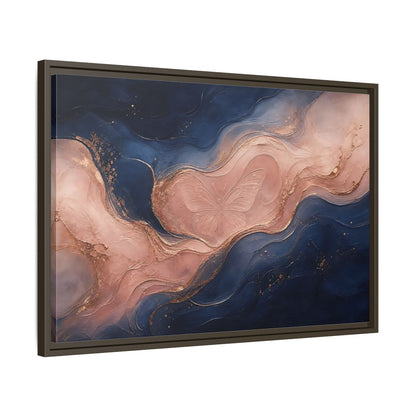 Side Mockup 11. Abstract Butterfly Navy Pink Gold shown as stretched canvas wall art