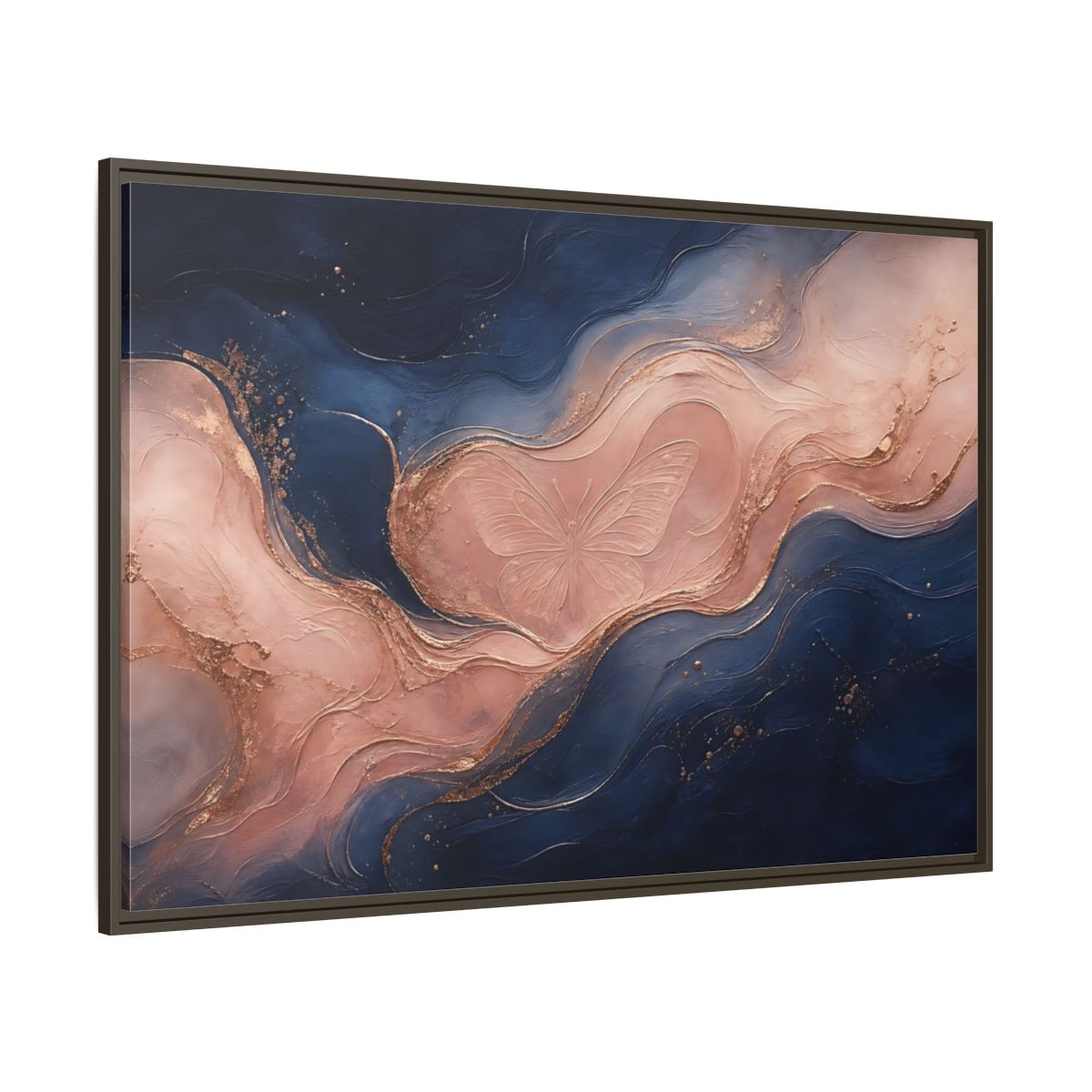 Side Mockup 8. Abstract Butterfly Navy Pink Gold shown as stretched canvas wall art