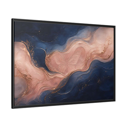 Side Mockup 12. Abstract Butterfly Navy Pink Gold shown as stretched canvas wall art