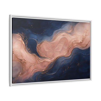 Side Mockup 9. Abstract Butterfly Navy Pink Gold shown as stretched canvas wall art