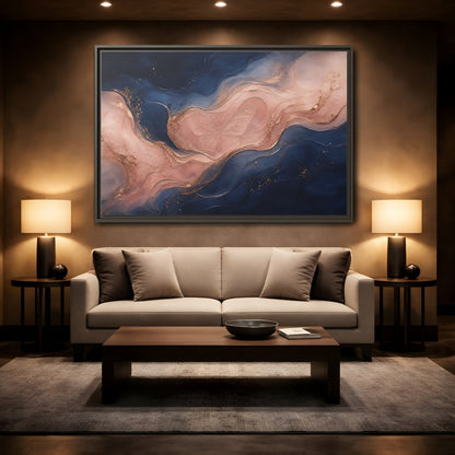 Mockup 2. Abstract Butterfly Navy Pink Gold shown as stretched canvas wall art