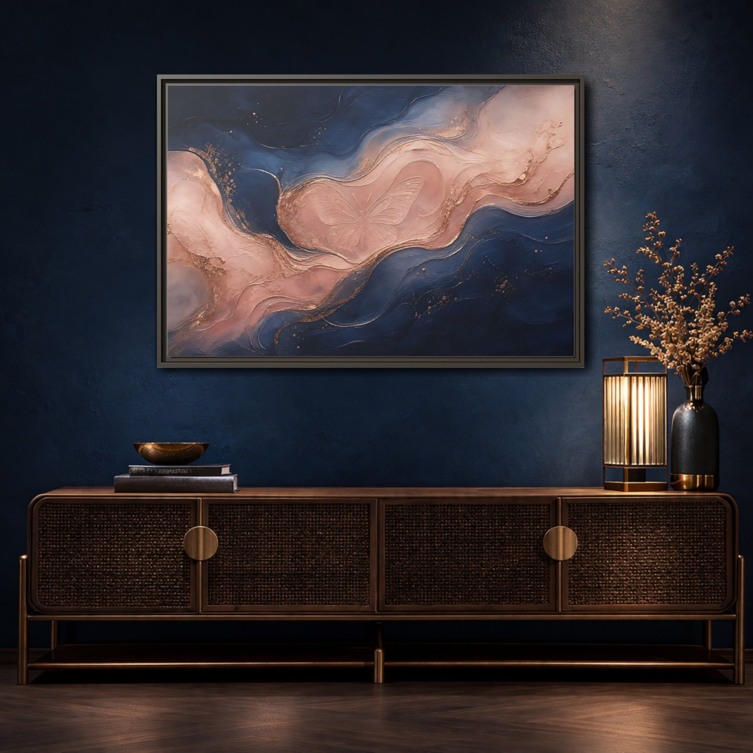 Mockup 4. Abstract Butterfly Navy Pink Gold shown as stretched canvas wall art