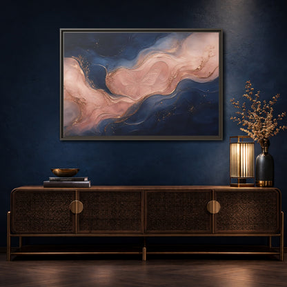 Mockup 4. Abstract Butterfly Navy Pink Gold shown as stretched canvas wall art