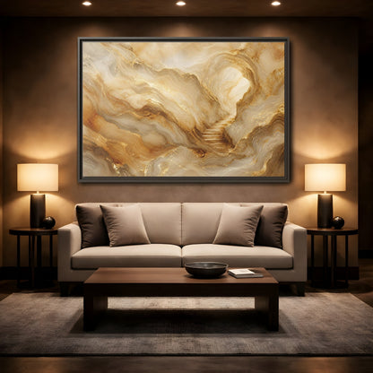 Mockup 2. Abstract Cave Stairs Gold Marble Abstract shown as stretched canvas wall art