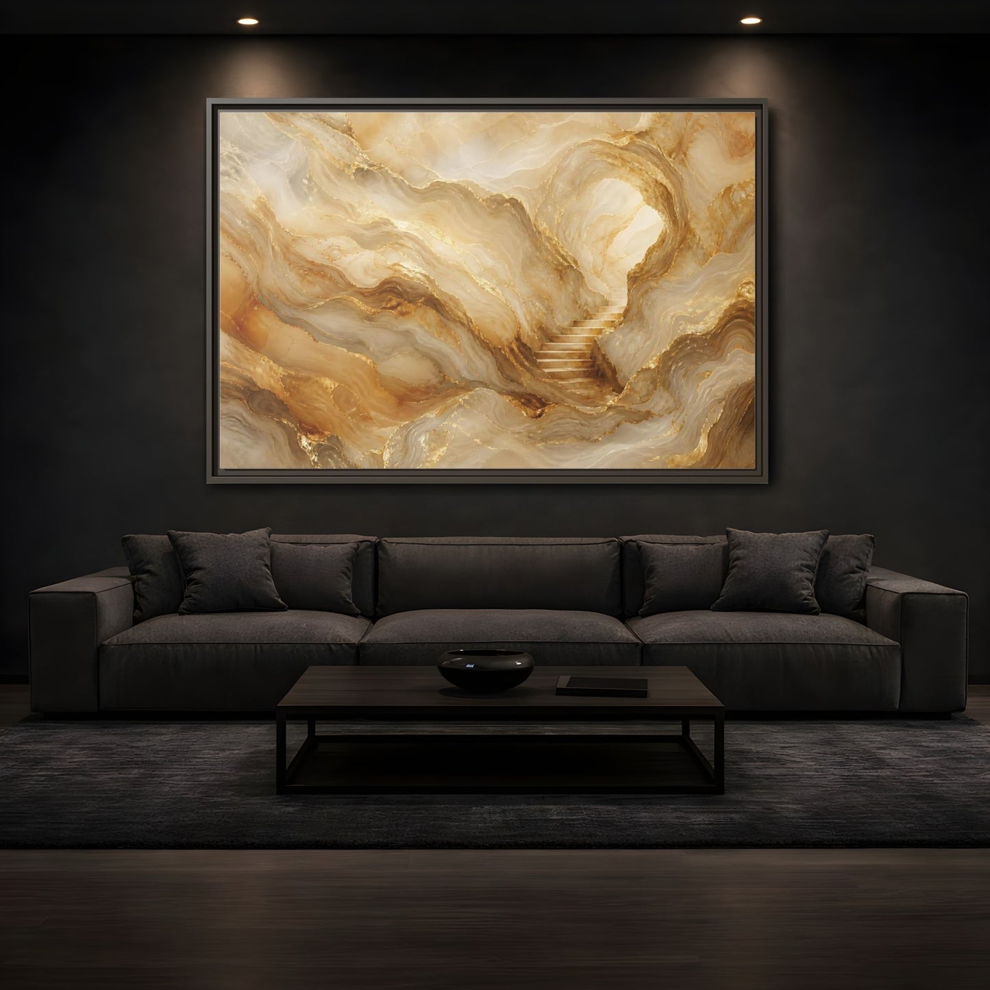 Mockup 3. Abstract Cave Stairs Gold Marble Abstract shown as stretched canvas wall art