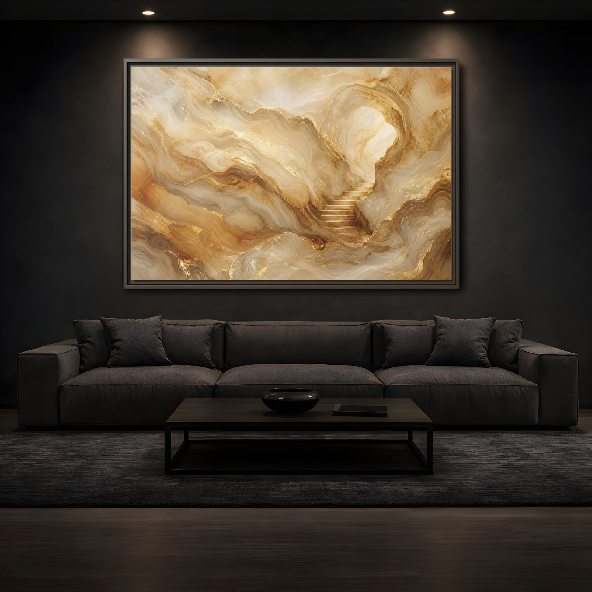 Mockup 3. Abstract Cave Stairs Gold Marble Abstract shown as stretched canvas wall art