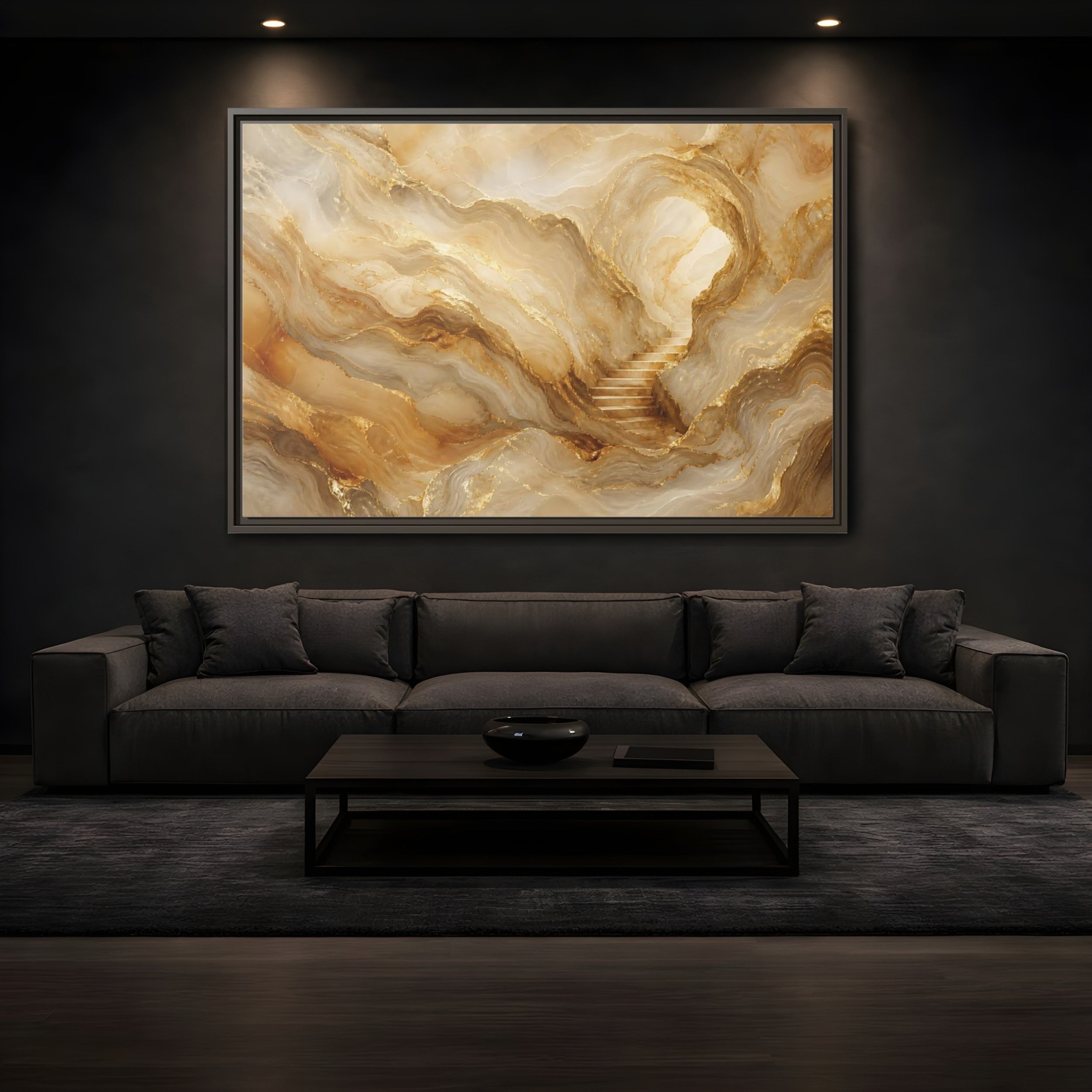 Mockup 3. Abstract Cave Stairs Gold Marble Abstract shown as stretched canvas wall art