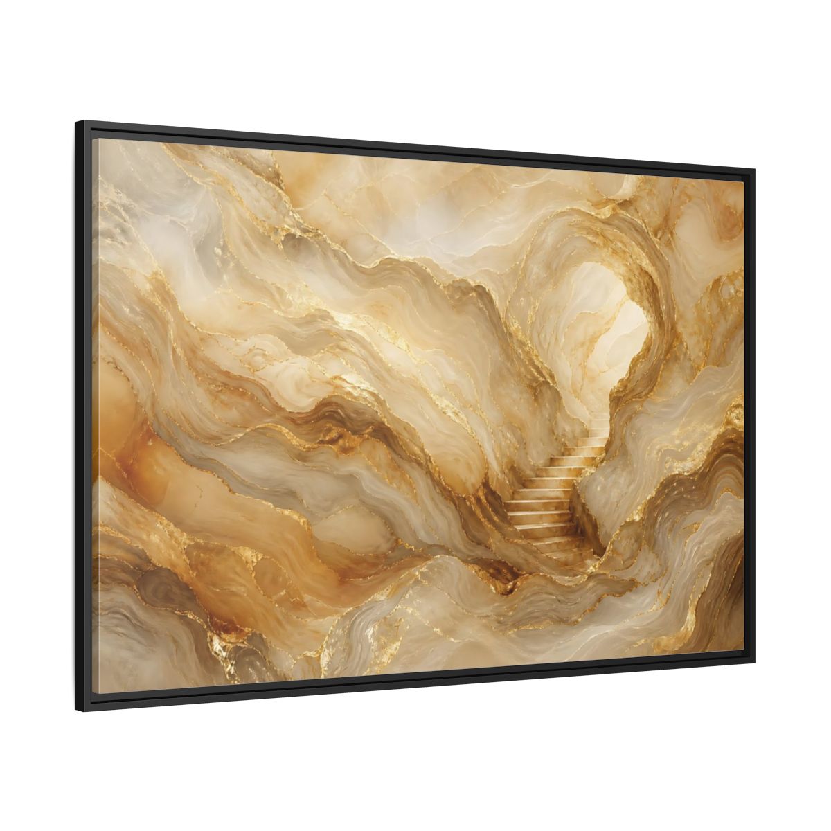 Side Mockup 12. Abstract Cave Stairs Gold Marble Abstract shown as stretched canvas wall art