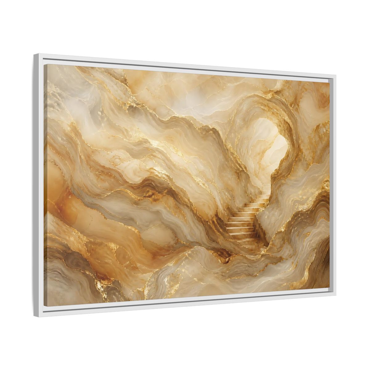 Side Mockup 9. Abstract Cave Stairs Gold Marble Abstract shown as stretched canvas wall art