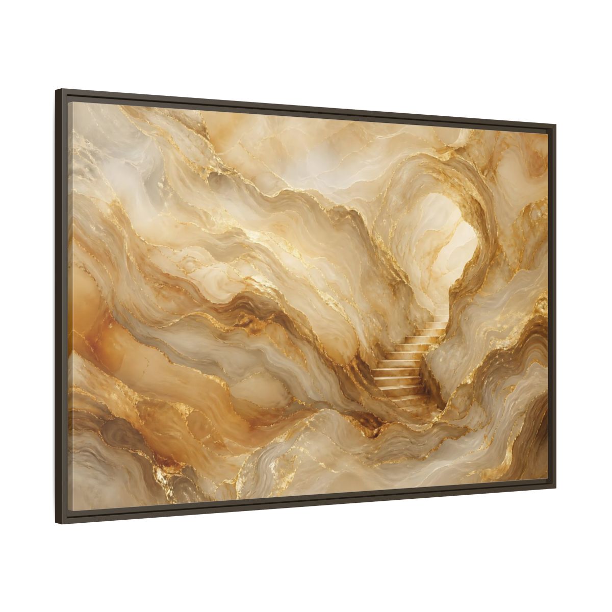 Side Mockup 8. Abstract Cave Stairs Gold Marble Abstract shown as stretched canvas wall art