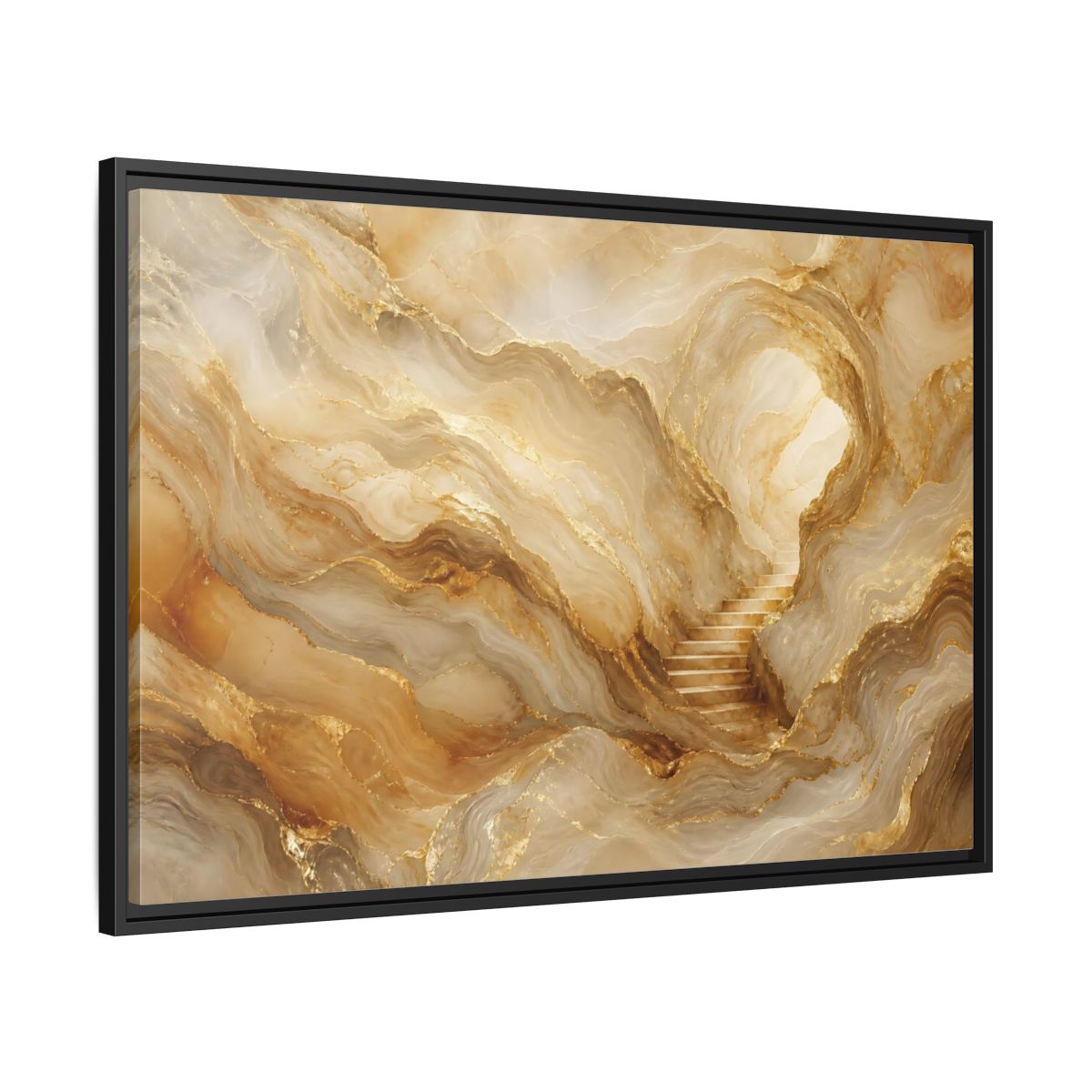 Side Mockup 13. Abstract Cave Stairs Gold Marble Abstract shown as stretched canvas wall art