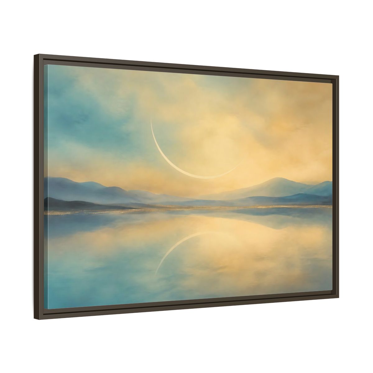 Main Mockup. Abstract Celestial Arc Blue And Gold shown as stretched canvas wall art
