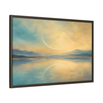 Main Mockup. Abstract Celestial Arc Blue And Gold shown as stretched canvas wall art