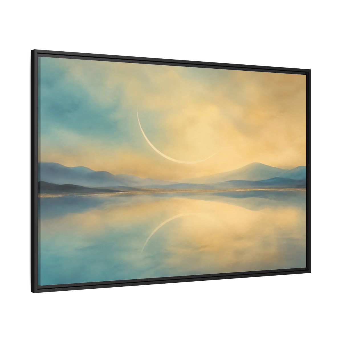 Side Mockup 12. Abstract Celestial Arc Blue And Gold shown as stretched canvas wall art