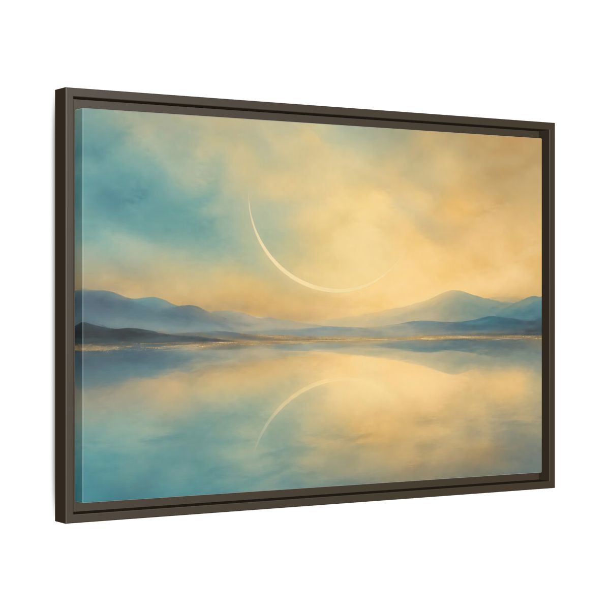 Side Mockup 11. Abstract Celestial Arc Blue And Gold shown as stretched canvas wall art