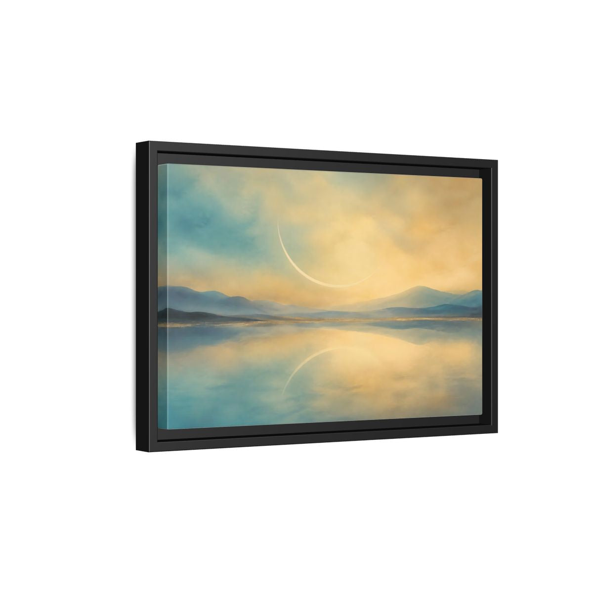 Side Mockup 6. Abstract Celestial Arc Blue And Gold shown as stretched canvas wall art