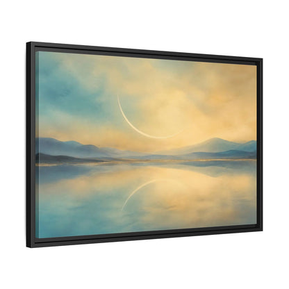 Side Mockup 14. Abstract Celestial Arc Blue And Gold shown as stretched canvas wall art