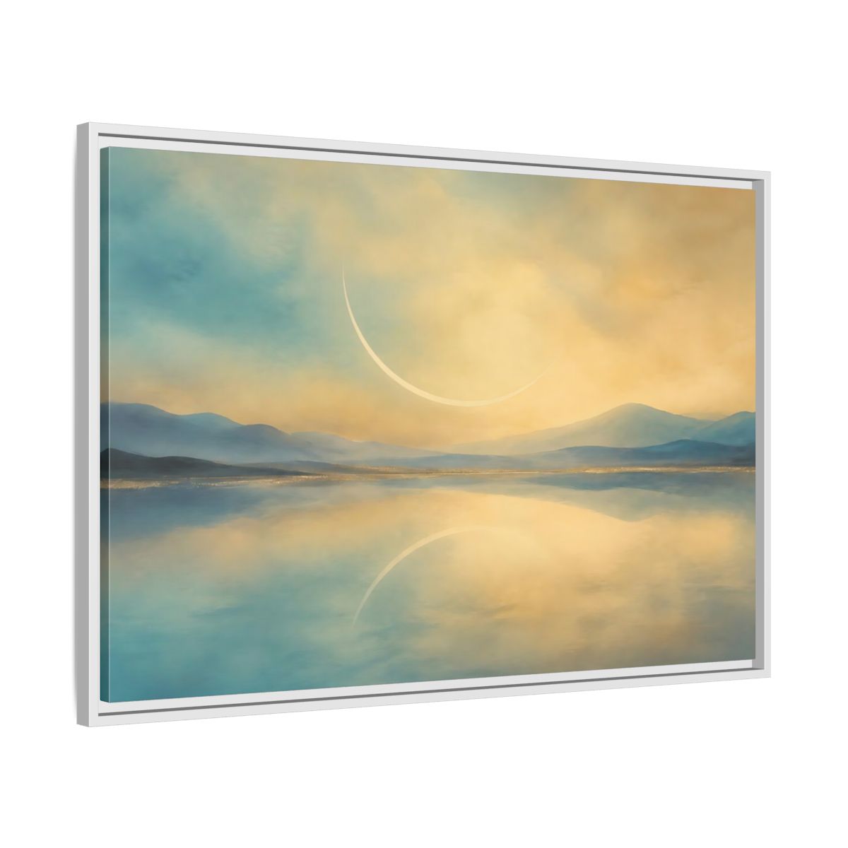 Side Mockup 9. Abstract Celestial Arc Blue And Gold shown as stretched canvas wall art