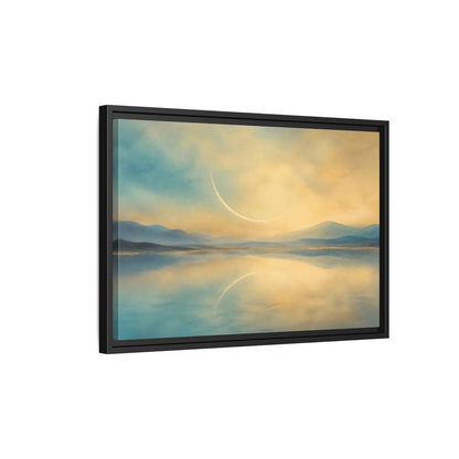 Side Mockup 3. Abstract Celestial Arc Blue And Gold shown as stretched canvas wall art