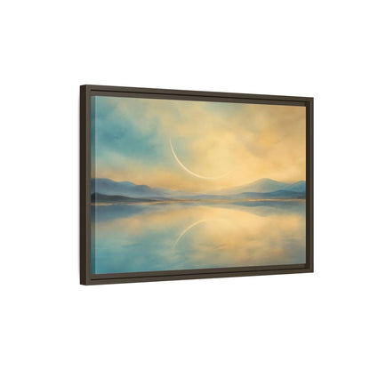 Side Mockup 2. Abstract Celestial Arc Blue And Gold shown as stretched canvas wall art