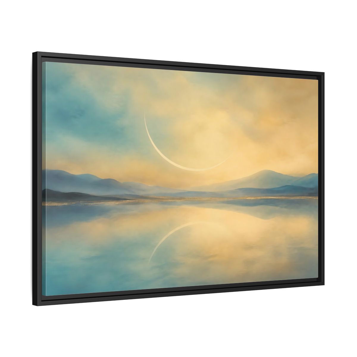 Side Mockup 13. Abstract Celestial Arc Blue And Gold shown as stretched canvas wall art