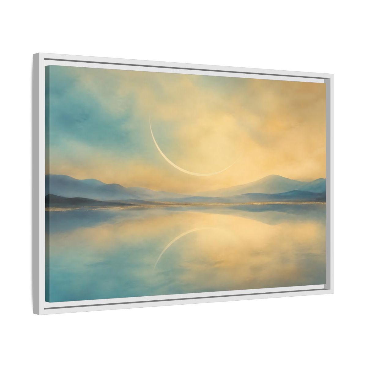 Side Mockup 10. Abstract Celestial Arc Blue And Gold shown as stretched canvas wall art