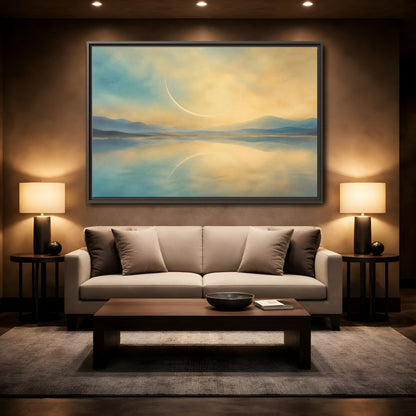 Mockup 2. Abstract Celestial Arc Blue And Gold shown as stretched canvas wall art