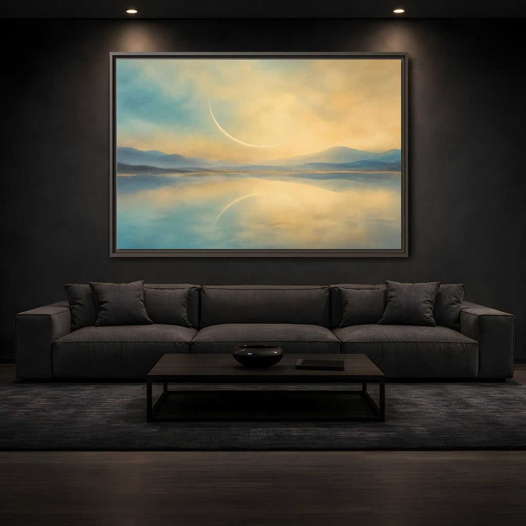 Mockup 3. Abstract Celestial Arc Blue And Gold shown as stretched canvas wall art