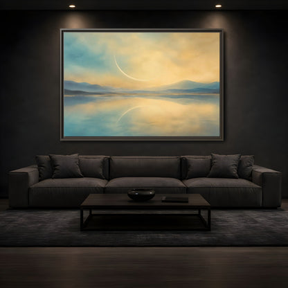 Mockup 3. Abstract Celestial Arc Blue And Gold shown as stretched canvas wall art