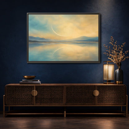 Mockup 4. Abstract Celestial Arc Blue And Gold shown as stretched canvas wall art