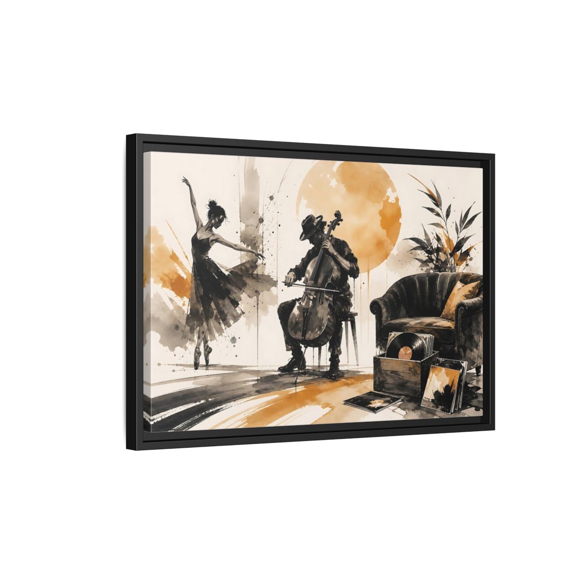 Side Mockup 3. Abstract Cello Dancer Brown And Black shown as framed canvas print